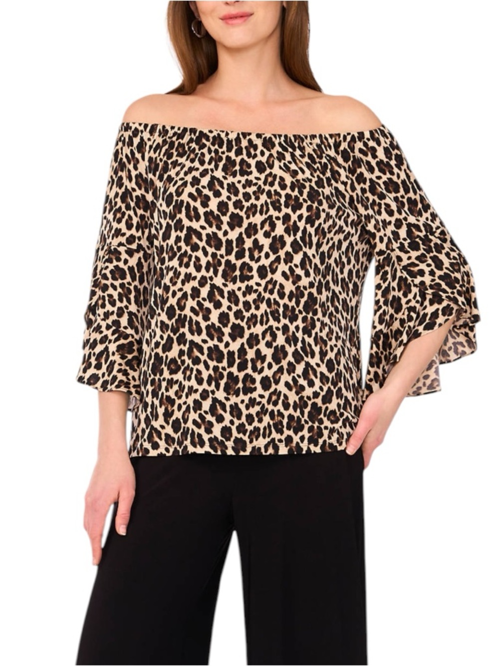 Vince Camuto Flutter Sleeve Animal Printed Off the Shoulder Top XL Beige Black